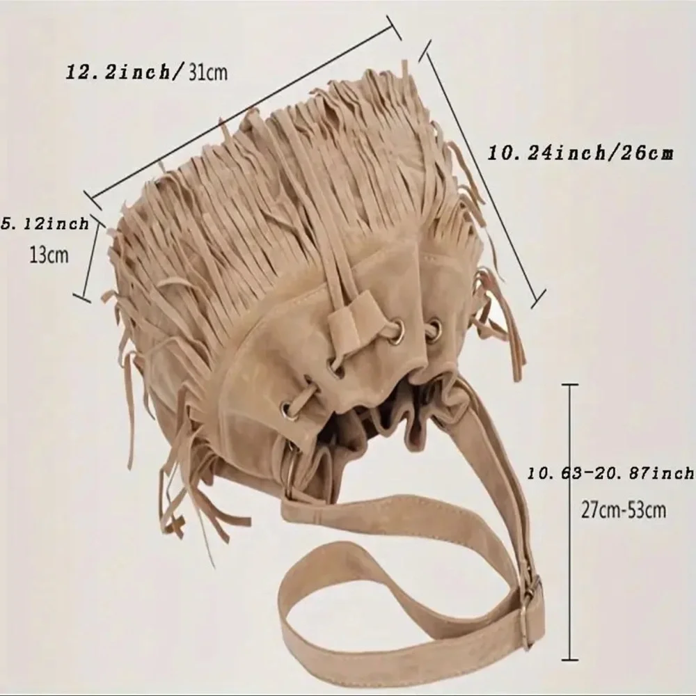 Dose of Daisy 🌼 Best Seller!!  BOHO Fringe Bucket Bag Vegan Leather Dark brown